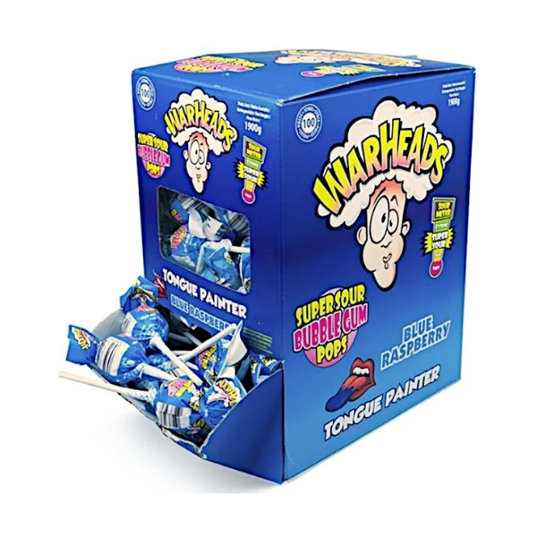 Warheads Super Sour Bubble Gum Pops Blue Raspberry Tongue Painter Gravity Feed Display Box 100 x 19g image 0