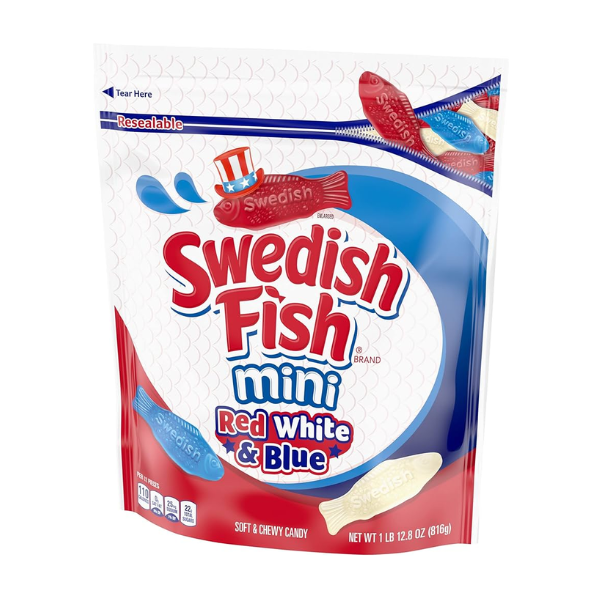 Swedish Fish Mini Red White &amp; Blue Family Size Pouch Bag 1 x 816g (12.8oz) image 0