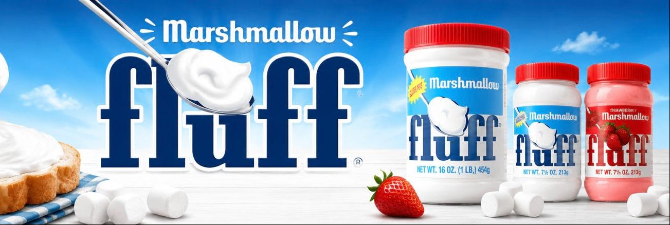 Marshmallow Fluff advertisement with containers, strawberries, and a spoonful of fluff on a blue sky background.