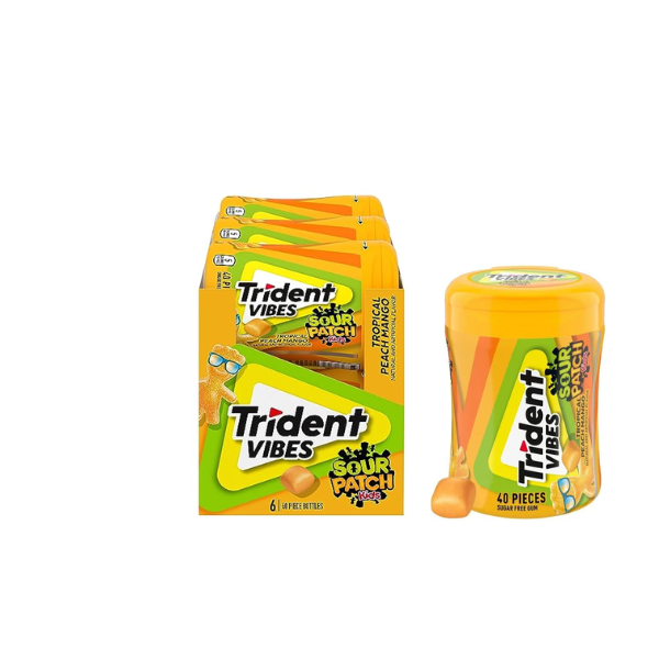 Trident Vibes Sour Patch Kids Tropical Peach Mango 40 Pieces Bottle 6 x 100g (3.5oz) image 0